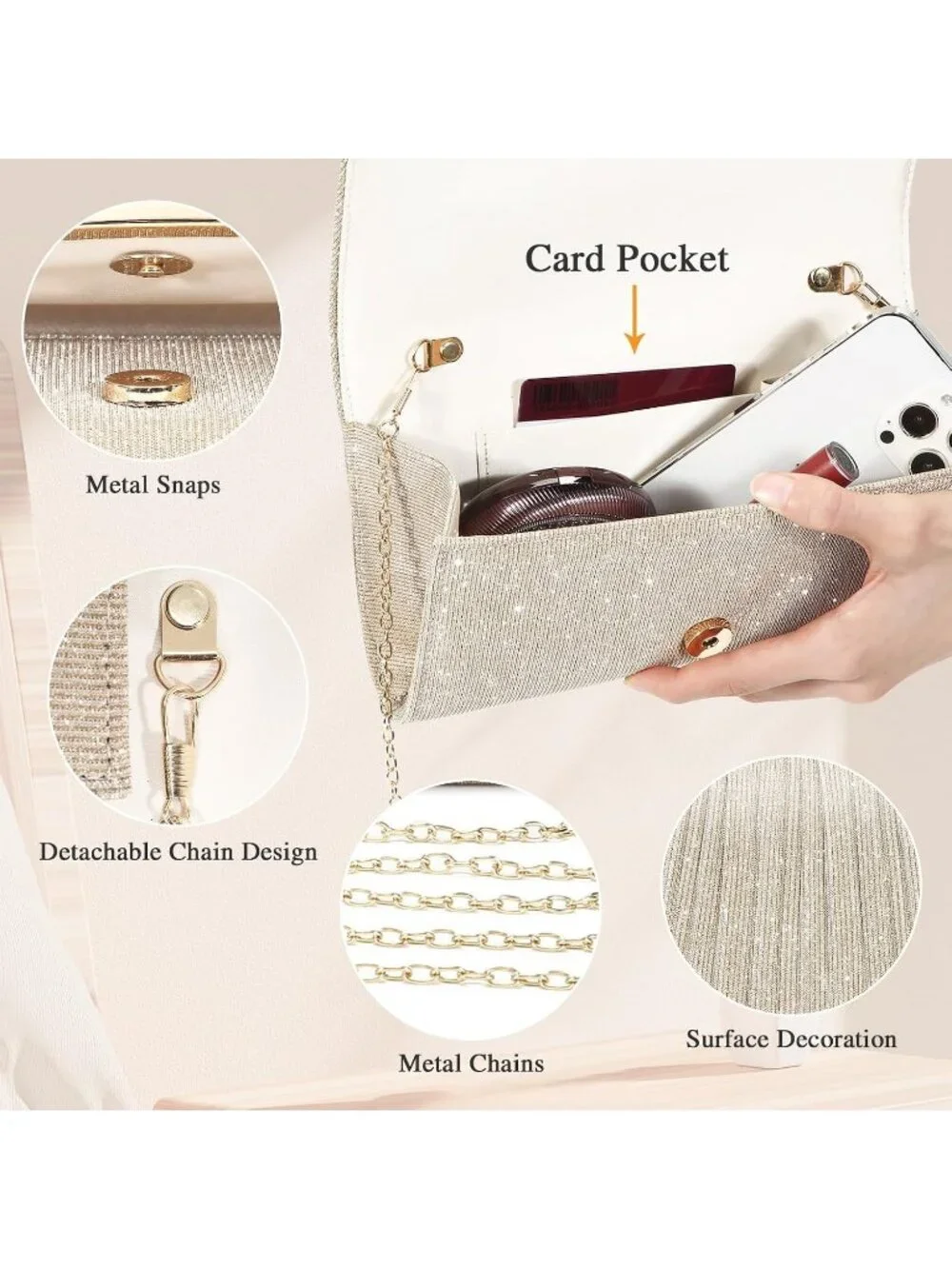 Women's Champagne B Clutch Purse Formal Evening Bag Wedding Party Handbag